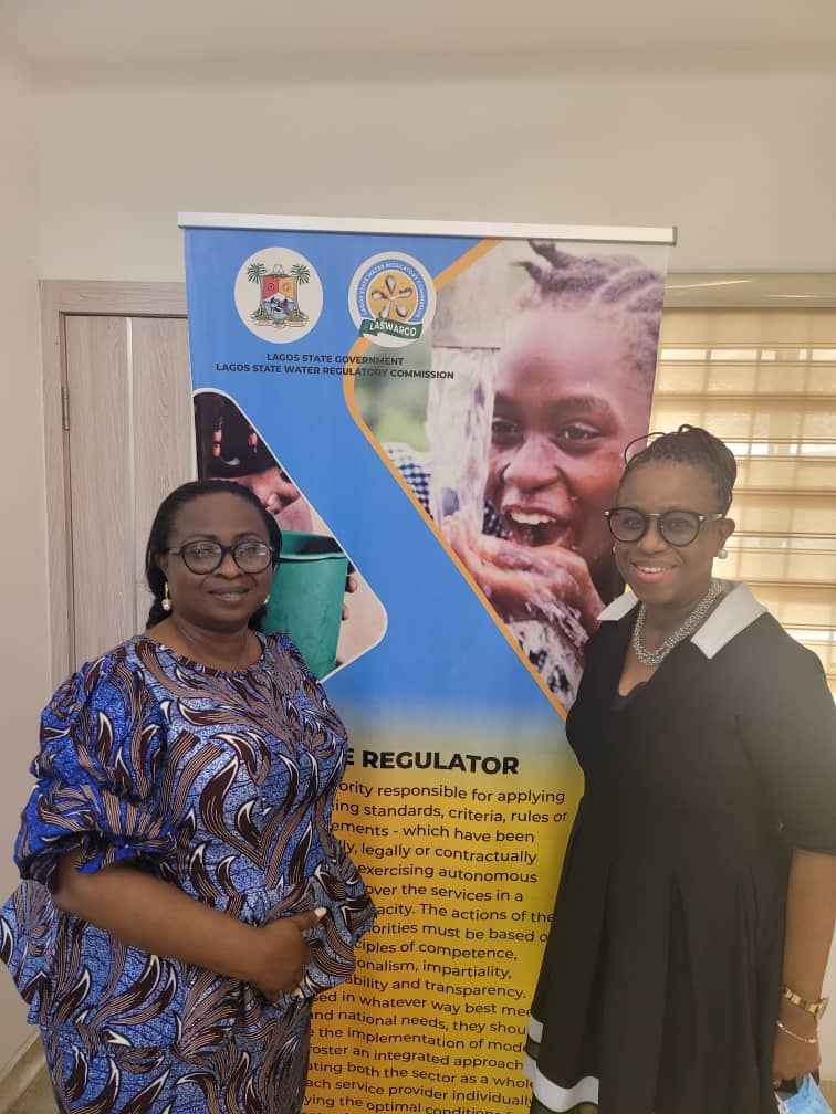 Executive Secretary, Lagos State Water Regulatory Commission (LASWARCO), Mrs Funke Adepoju (left) receives President, Network of Female Professionals in Water Supply, Sanitation and Hygiene (FEMinWASH), Dr. Bolu Onabolu (right) on a courtesy visit on Friday, March 25, 2022.