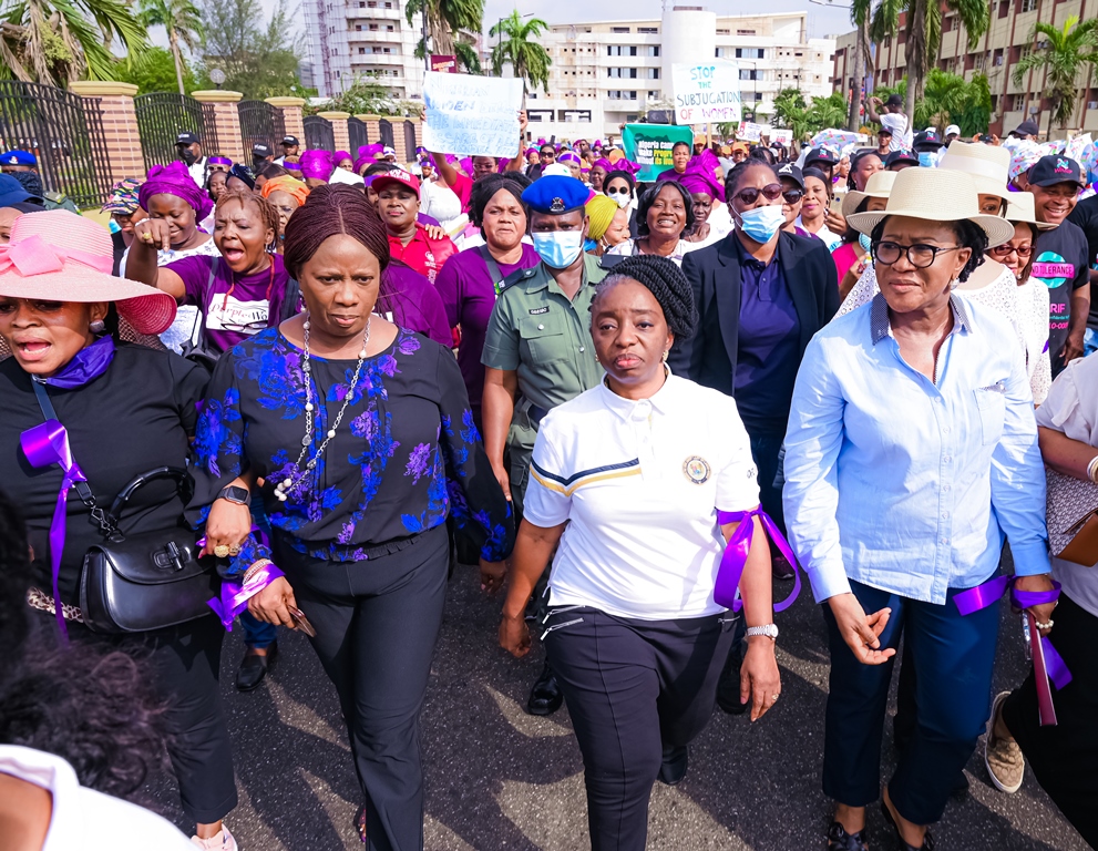 L-R: Member of the Committee of Wives of Lagos State Officials, Mrs Nkem Sofela; Lagos State Commissioner for Women Affairs and Poverty Alleviation, Mrs Cecilia Dada; First Lady, Dr Ibijoke Sanwo-Olu; and All Progressives Congress (APC) Lagos Women Leader, Hon Mrs Jumoke Okoya-Thomas, during a rally against rejection of gender bills by National Assembly in commemoration of Year 2022 International Women's Day at Alausa, Ikeja, on Tuesday, March 8, 2022.