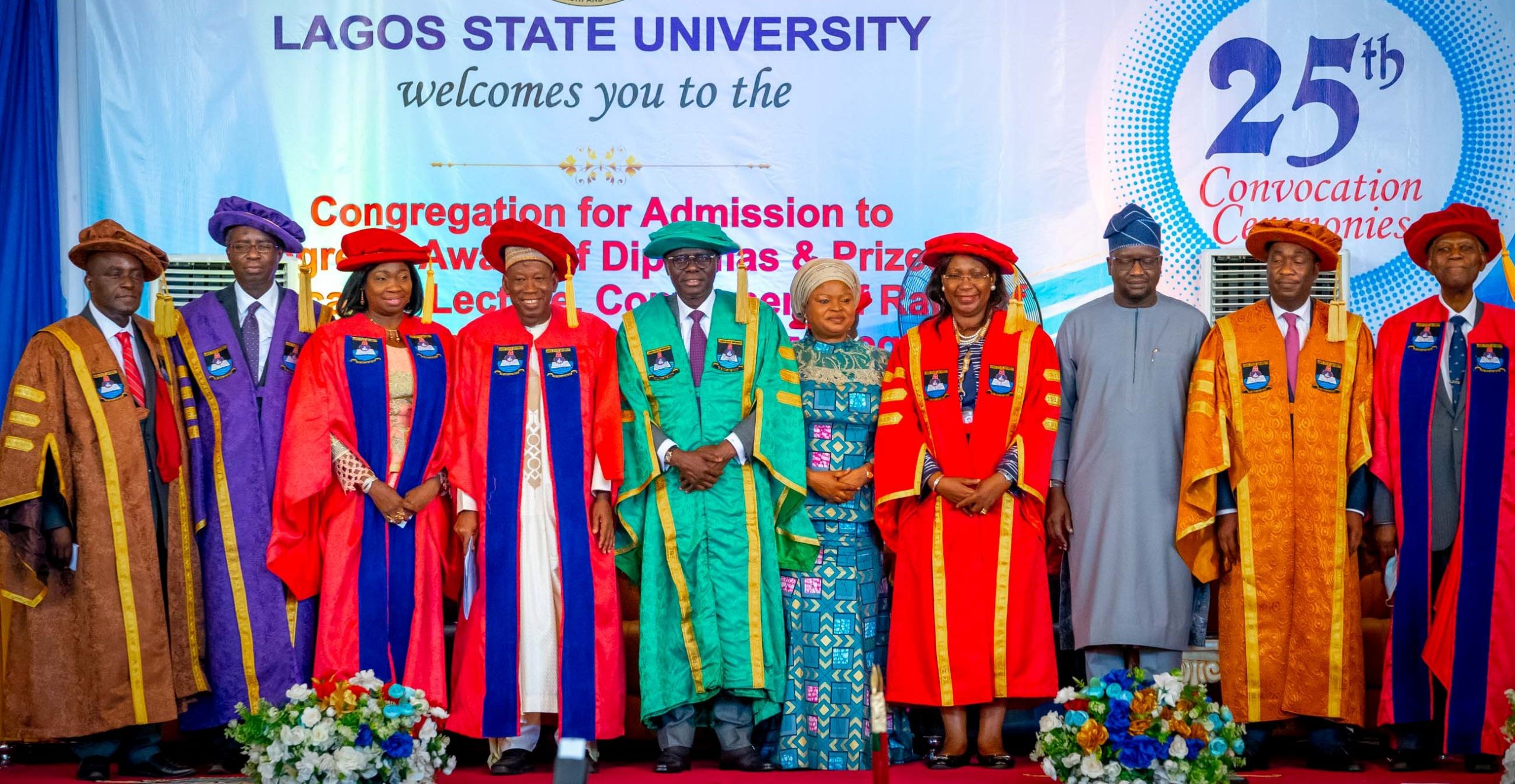 L-R: Pro-Chancellor, Samuel Adegboyega University, Prof. Peter Okebukola; Chancellor, Lagos State University (LASU), Prof. Gbolahan Elias; Chairman, Nigerians in Diaspora Commission (NIDCOM), Hon. Abike Dabiri-Erewa; Kano State Governor, Abdullahi Umar Ganduje; his Lagos counterpart, Governor Babajide Sanwo-Olu; Senior Special Assistant to the President on SDGs, Princess Adejoke Orelope-Adefulire; the Vice Chancellor, LASU, Prof. Ibiyemi Olatunji-Bello; Borno State Deputy Governor, Umar Usman Kadafur; Lagos Deputy Governor, Dr. Obafemi Hamzat and founder of Ikeja hotel Plc, Mr. Goodie Ibru, during the 25th convocation ceremony of LASU, at the Buba Marwa Complex, the School campus, Ojo, on Thursday, 24 March 2022.