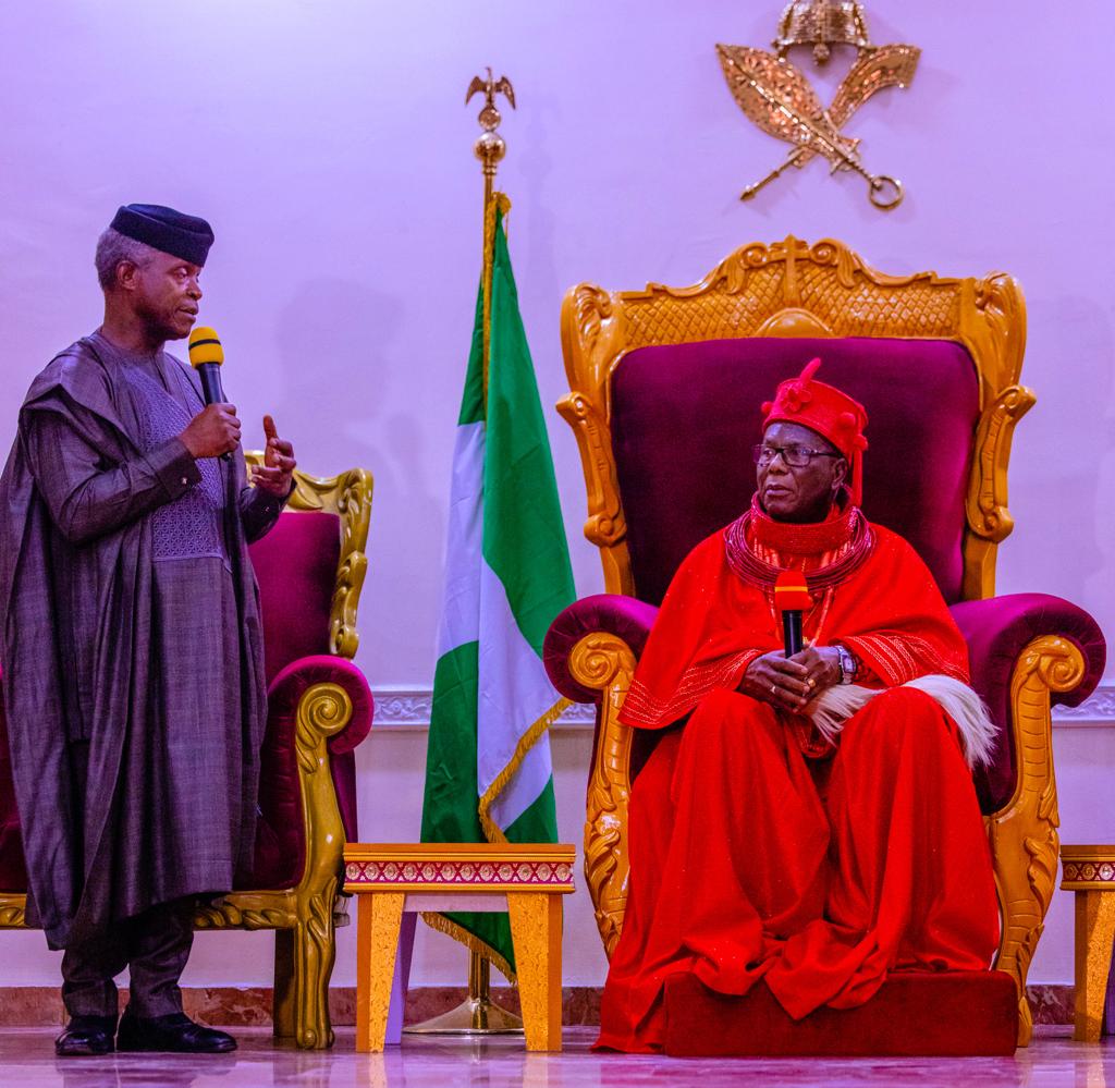 Vice President Yemi Osinbajo, SAN, pays courtesy visits to the Olu of Warri, HRM Ògíamẹ̀ Atúwàtse III; and Ovie of Uvwie Kingdom, Dr. Emmanuel Ekemejewan Sideso; after attending the thanksgiving service, in honour of late elder statesman, Chief Patrick Emurode Sito Ideh, in Delta State. 5th March, 2022.