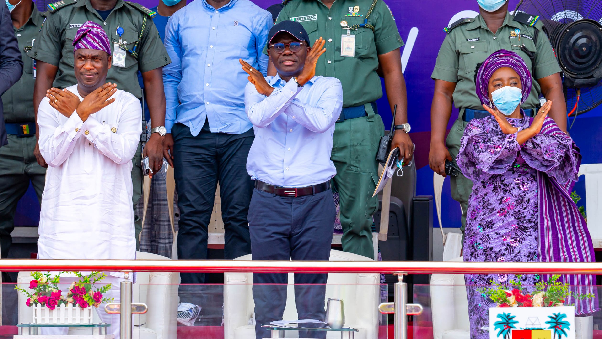 L-R: Lagos Deputy Governor, Dr. Obafemi Hamzat, Governor Babajide Sanwo-Olu and his wife, Dr. Ibijoke during the International Women's Day celebration with the theme "gender equality today for a sustainable tomorrow-#BreakTheBais" organised by the State Ministry of Women Affairs and Poverty Alleviation, at the Mobolaji Johnson Arena, Onikan, on Tuesday, 08 March 2022.