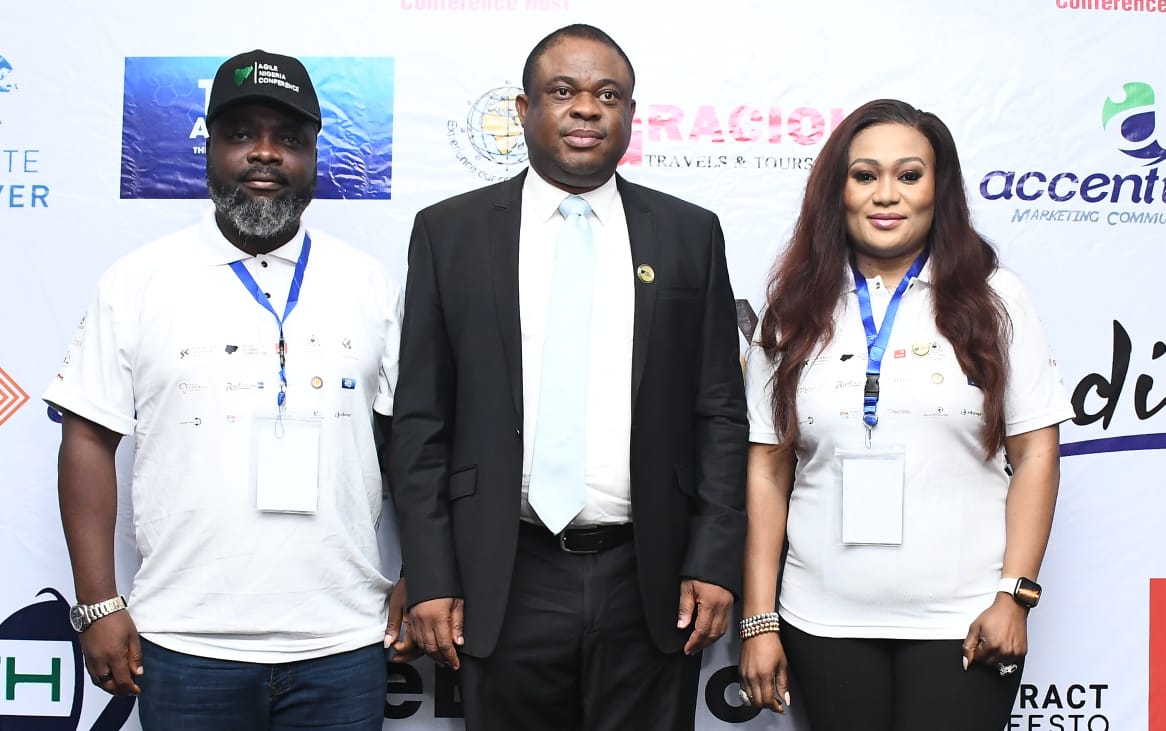 L-R: Member Board of Trustees, Agile Practitioners Association of Nigeria, Mr. Seun Taiwo Akinlapa; Founder/Chief Executive Officer, The Agile Advisor Africa/Chairman, Agile Practitioners Association of Nigeria, Mrs. Abiodun Osoba; Dr. Obadare Peter Adewale, Keynote Speaker/Co-founder & Chief Visionary Officer, Digital Encode Limited; and Executive Secretary/Trustee, Agile Practitioners Association of Nigeria, Mr. Tunde Giwa, during the 5th Annual Agile Nigeria Conference held in Lagos on Tuesday, 1 March 2022.