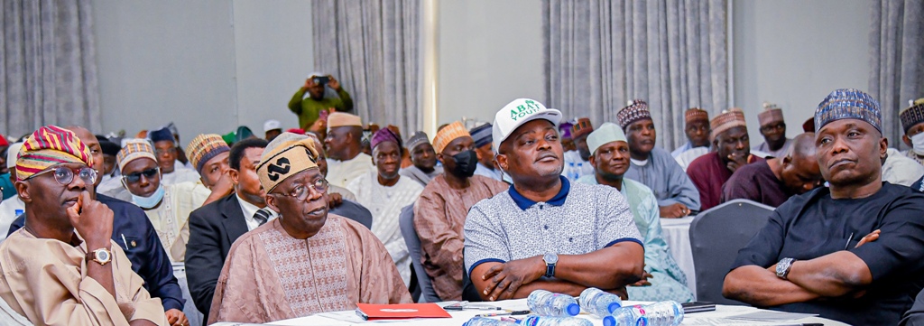 L-R: Lagos State Governor, Mr. Babajide Sanwo-Olu; National Leader of the All Progressives Congress (APC), Asiwaju Bola Tinubu; the Speaker, Lagos House of Assembly, Rt. Hon. Mudashiru Obasa and Chairman, Conference of Speakers of State Legislature in Nigeria, Rt. Hon. Abubakar Sulaimon, during a One-Day event in Retrospecting Democratic Journey in Nigeria, organised by the Lagos House of Assembly, at the Providence Hotel, GRA, Ikeja, on Wednesday, 13 April 2022.