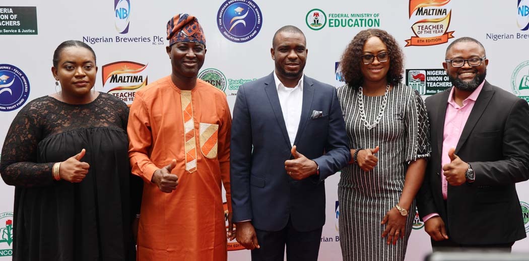 L-R: Sustainability and CSR Manager, Nigerian Breweries Plc, Annabelle Umoetuk; Chairman, Nigeria Union of Teachers(NUT), Lagos State, Hassan Akintoye; Company Secretary/ Legal Director, NB Plc, Uaboi Agbebaku; Lagos State Coordinator, Teachers Registration Council of Nigeria(TRCN), Adaobi Ekwuno and Head of Integrated Communications, NB Plc, Uchenna Ibemere during the flag-off of the 8th edition of the Maltina Teacher of the Year held in Lagos today