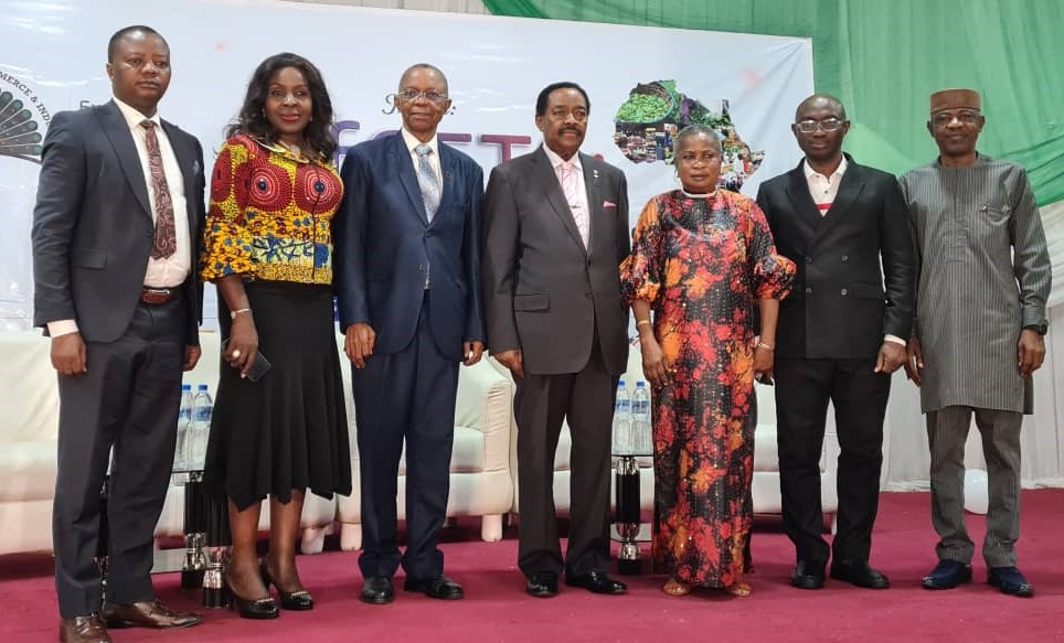 L-R: Area Sales Manager (National & Major Customers), DHL International Nigeria Limited, John Mokwunye; Director General, Lagos Chamber of Commerce and Industry (LCCI), Dr. Chinyere Almona; FCA , Deputy President, LCCI, Mr. Gabriel Idahosa, FCA; President, LCCI, Asiwaju Dr. Michael Olawale-Cole, CON; Chairperson, LCCI Export Group, Mrs. Bosun Solarin; CEO, 3T-Impex Consulting Servcies, Mr. Bamidele Ayemibo and Lagos Regional Coordinator, Nigerian Export Promotion Council, Mr. Samuel Oyeyipo during the Export Group Symposium on AFCFTA: Nigeria's Preparedness and the Role of Logistics in its Successful Implementation at LCCI Conference and Exhibition Centre, Ikeja Lagos on Tuesday, 30th August, 2022.