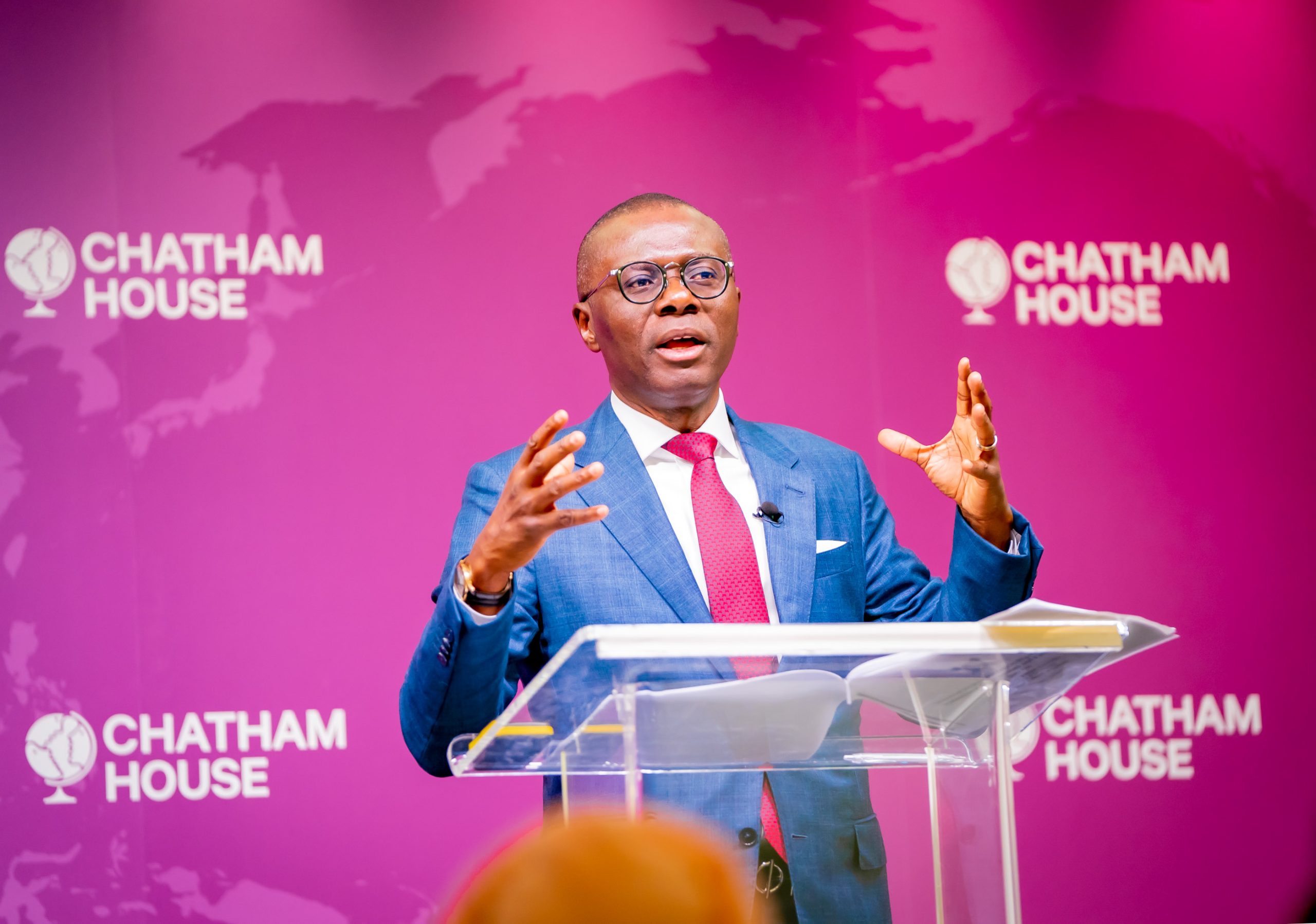 Lagos State Governor, Mr Babajide Sanwo-Olu, delivering his speech on "Universal Health Coverage in Nigeria: Optimizing Institutional Opportunities and Partnerships for Success" at the Royal Institute of International Affairs, Chatham House, London, at the weekend.