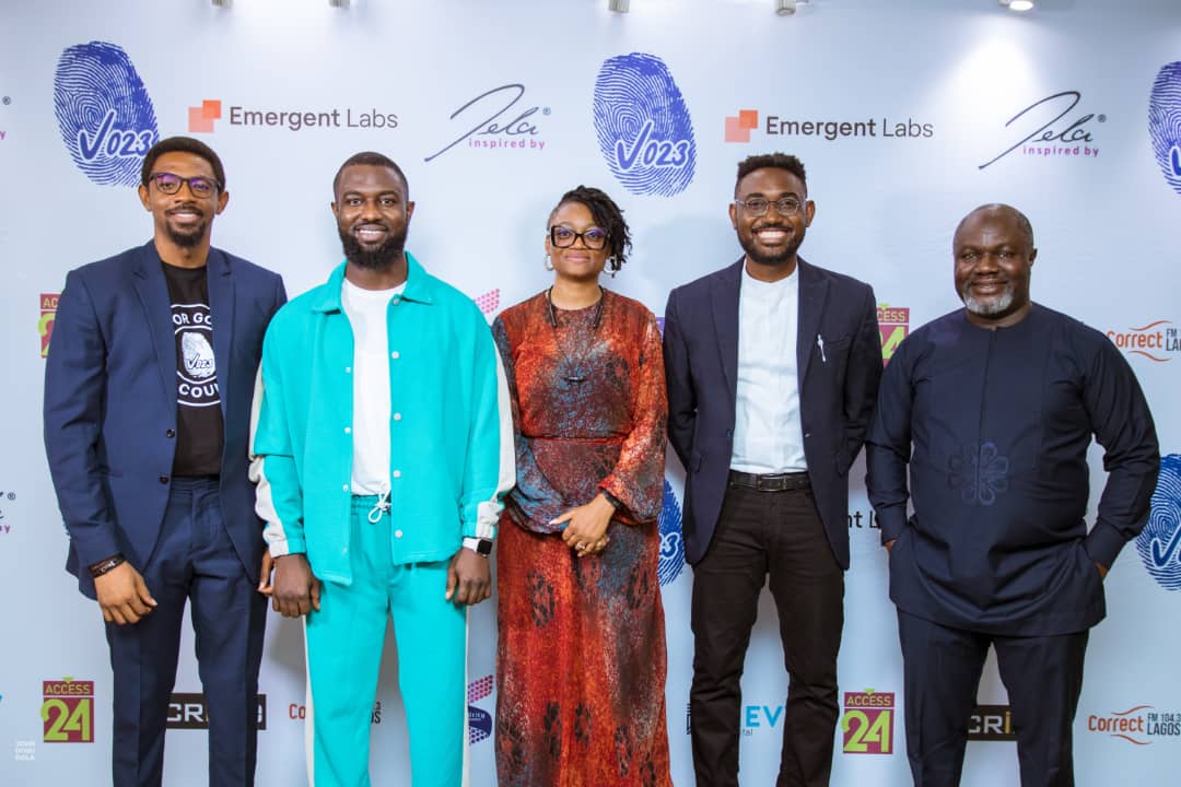 From left: Tomiwa Olajide, Digital Media Strategist, Vote023; Gospel Obi also known as Gospelondebeatz, Vote023 theme song producer; Angela Ochu-Baiye, Founder, Inspired by Jela and Lead Collaborator, Vote023 ); Emeka Mba, Founder, Emergent Labs and Visioneer/Solution Architect, Vote023; and Reginald Bassey, Director, Business Development, Watchmen Systems Solutions Ltd, at the launch of Project Vote023, a non-partisan incentive-driven voice call campaign to drive Nigerians' consciousness of civic responsibility, which held in Lagos on November 10, 2022. 