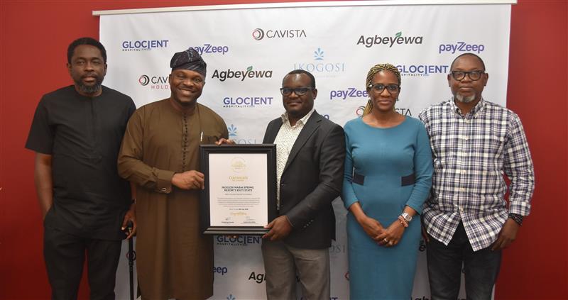 L-R: DGM, Glocient Hospitality, Dayo Olujekun ; GM Glocient Hospitality, Sharafa Lanre Balogun sharing the award of Best Holiday Resort in Nigeria for Ikogosi Warm Springs Resort with the Country Director Cavista Holdings, Dele Odufuye; People Director, Cavista Holdings, Funlola Akintonde and GM, Cavista Tech, Temitayo Idowu recently in Lagos