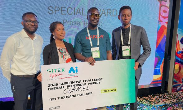 L-R: Sales Manager, GITEX, Jessy Fula; General Manager, Glovo Nigeria, Lamide Akinola; Representative of the GITEX Nigeria Supernova Challenge Winner/Vice President, Commercial, Curacel AI, Abduljahab Momoh; and the Honourable Commissioner, Innovation, Science and Technology, Lagos State, Olatunbosun Alake during the Special Glovo Nigeria Startup Campus Award presentation at the grand finale of the GITEX Nigeria Supernova Challenge held recently…