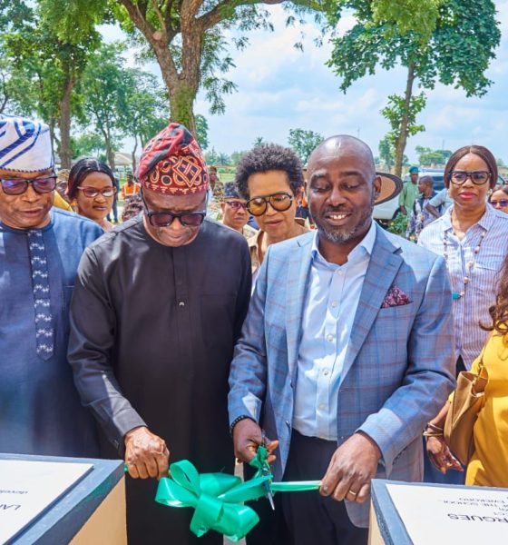 L-R Chairman Ogun State Universal Basic Education Board (SUBEB), Evangelist Joshua Ifede; Commissioner for Community Development and Corporatives, Ogun State, Ademola Balogun; Honourable Commissioner for Education, Science and Technology, Ogun State, Professor Abayomi Arigbabu; Group Managing Director/CEO, Lafarge Africa Plc, Lolu Alade-Akinyemi and Special Adviser to the Governor of Ogun State on Investment, Sola Arobieke, at the commissioning of the remodeled and upgraded Christian Pelamourges Memorial Baptist Day Nursery and Primary School, by Lafarge Africa Plc. in Agbesi, Ewekoro, Ogun Stat