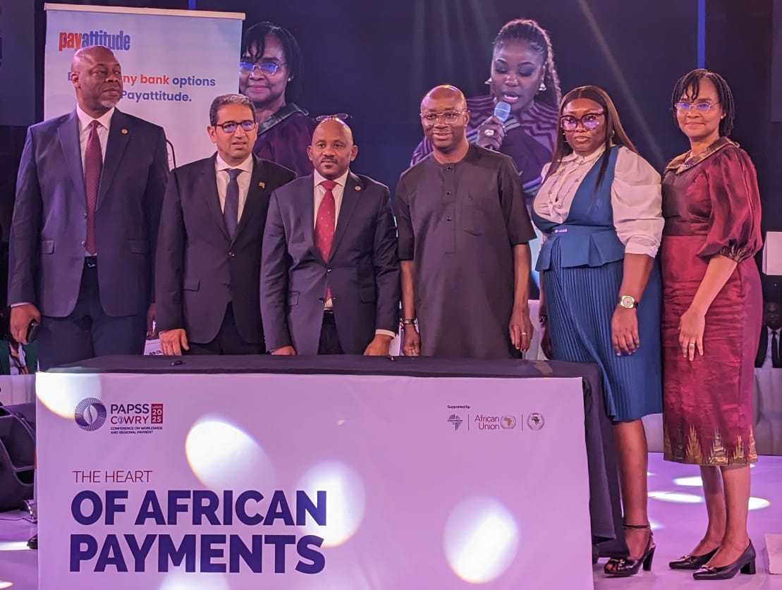 L-R: Chief Executive Officer Pan-African Payment and Settlement System (PAPSS) Mr. Mike Ogbalu III; Executive Vice President Global Trade Bank, Afreximbank, Mr. Haytham El Maayergi; Chief Executive Officer PAPSSCARD, Mr. Bosco Sebabi; Managing Director/CEO Unified Payments Limited Dr. Agada Apochi; Group Head Pay Attitude Business, Unified Payments Limited, Mrs. Onyeje Omeliko and Director Corporate Services, Unified Payments Limited, Mrs Vivian Okolo during the signing of partnership agreement between Unified Payments Limited and PAPSSCARD at the 2025 PAPSS COWRY Conference on Worldwide and Regional Payment in Lagos today