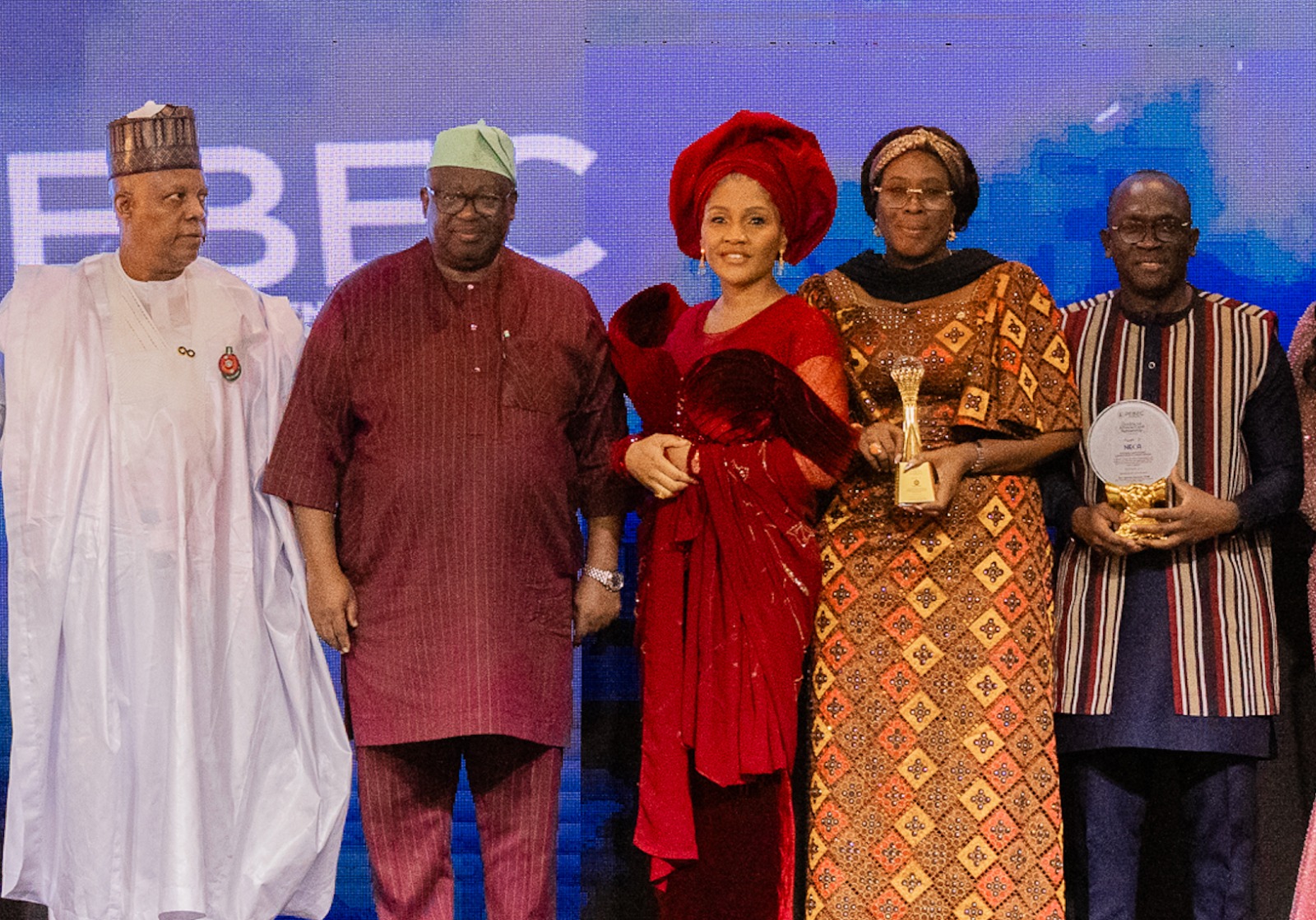 L-R: The Vice President, Kashim Shettima; the Governor of Plateau State, Caleb Mutfwang; the Director-General of Nigeria's Presidential Enabling Business Environment Council (PEBEC), Princess Zahrah Mustapha; Lagos State Commissioner for Commerce, Cooperatives, Trade and Investment (MCCTI), Mrs. Folashade Bada Ambrose and the Director-General, Nigeria Employers' Consultative Association (NECA), Adewale-Smatt Oyerinde during the PEBEC annual Award and Gala night held at the Banquet Hall, Aso Villa, Abuja.