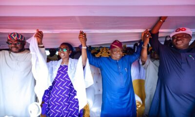 L-R: Husband to the APC's Deputy Governorship Candidate, Dr. Abdulrazaq Balogun; All Progressive Congress, Deputy Governorship Candidate, Ogun State, Kudirat Adegunwa-Balogun; APC's Governorship Candidate, Ogun State, Senator Solomon Olamilekan Adeola (Yayi), and Special Adviser to Ogun State Governor on Government House and General Services, Hon. Babatunde Olaotan during a town hall meeting with stakeholders at Waterside communities in Ogun State yesterday.