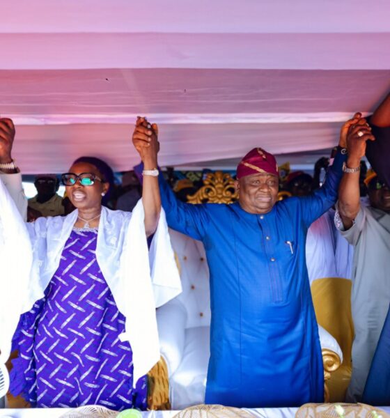 L-R: Husband to the APC's Deputy Governorship Candidate, Dr. Abdulrazaq Balogun; All Progressive Congress, Deputy Governorship Candidate, Ogun State, Kudirat Adegunwa-Balogun; APC's Governorship Candidate, Ogun State, Senator Solomon Olamilekan Adeola (Yayi), and Special Adviser to Ogun State Governor on Government House and General Services, Hon. Babatunde Olaotan during a town hall meeting with stakeholders at Waterside communities in Ogun State yesterday.