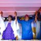L-R: Husband to the APC's Deputy Governorship Candidate, Dr. Abdulrazaq Balogun; All Progressive Congress, Deputy Governorship Candidate, Ogun State, Kudirat Adegunwa-Balogun; APC's Governorship Candidate, Ogun State, Senator Solomon Olamilekan Adeola (Yayi), and Special Adviser to Ogun State Governor on Government House and General Services, Hon. Babatunde Olaotan during a town hall meeting with stakeholders at Waterside communities in Ogun State yesterday.