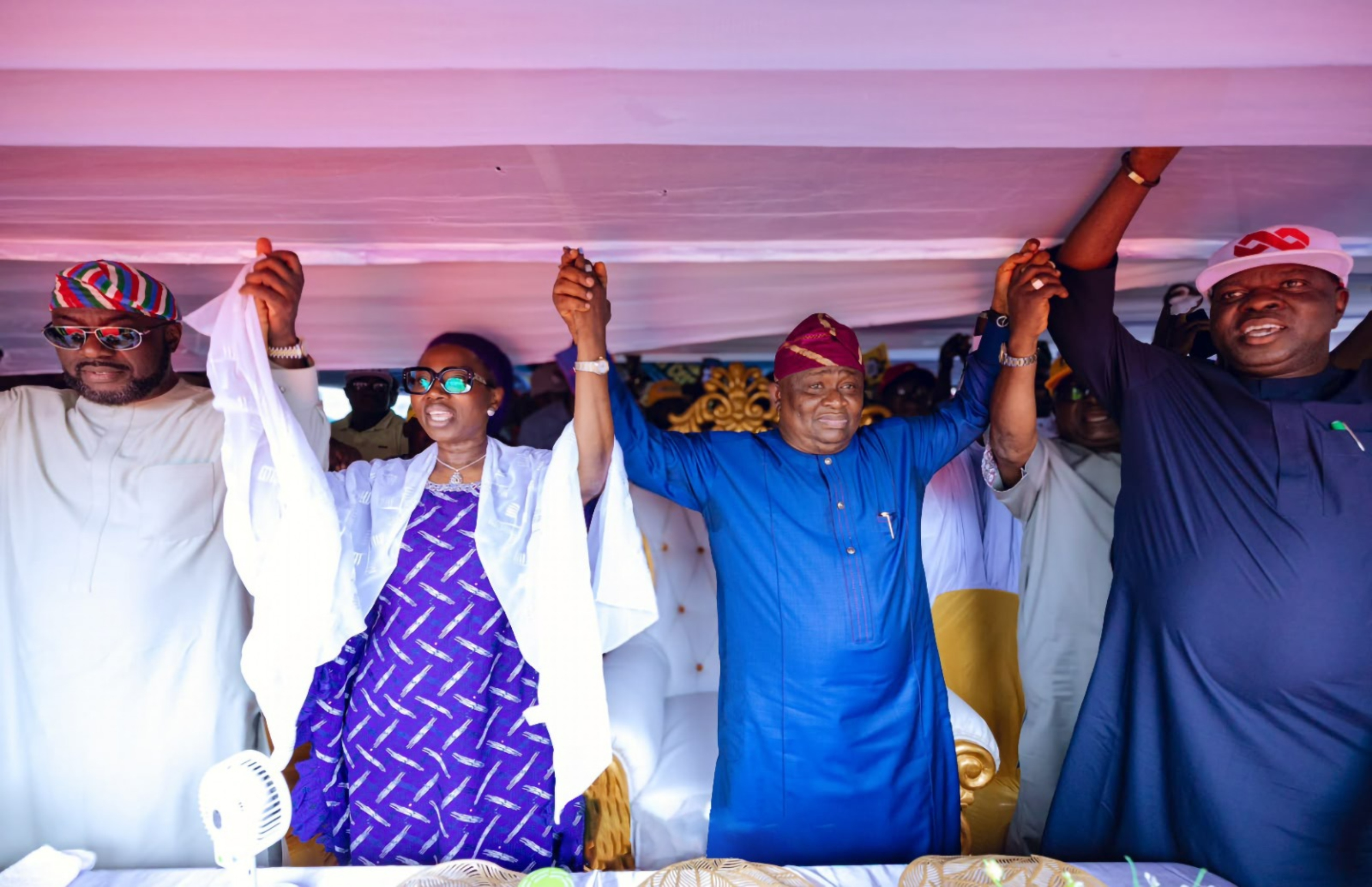L-R: Husband to the APC's Deputy Governorship Candidate, Dr. Abdulrazaq Balogun; All Progressive Congress, Deputy Governorship Candidate, Ogun State, Kudirat Adegunwa-Balogun; APC's Governorship Candidate, Ogun State, Senator Solomon Olamilekan Adeola (Yayi), and Special Adviser to Ogun State Governor on Government House and General Services, Hon. Babatunde Olaotan during a town hall meeting with stakeholders at Waterside communities in Ogun State yesterday.